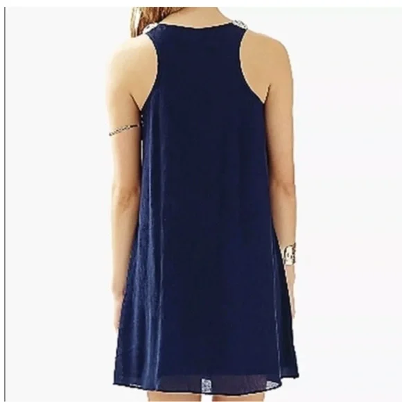 Lily Pulitzer Rachelle Navy Flowy Gauze Dress crocheted gold pompoms - Picture 2 of 6